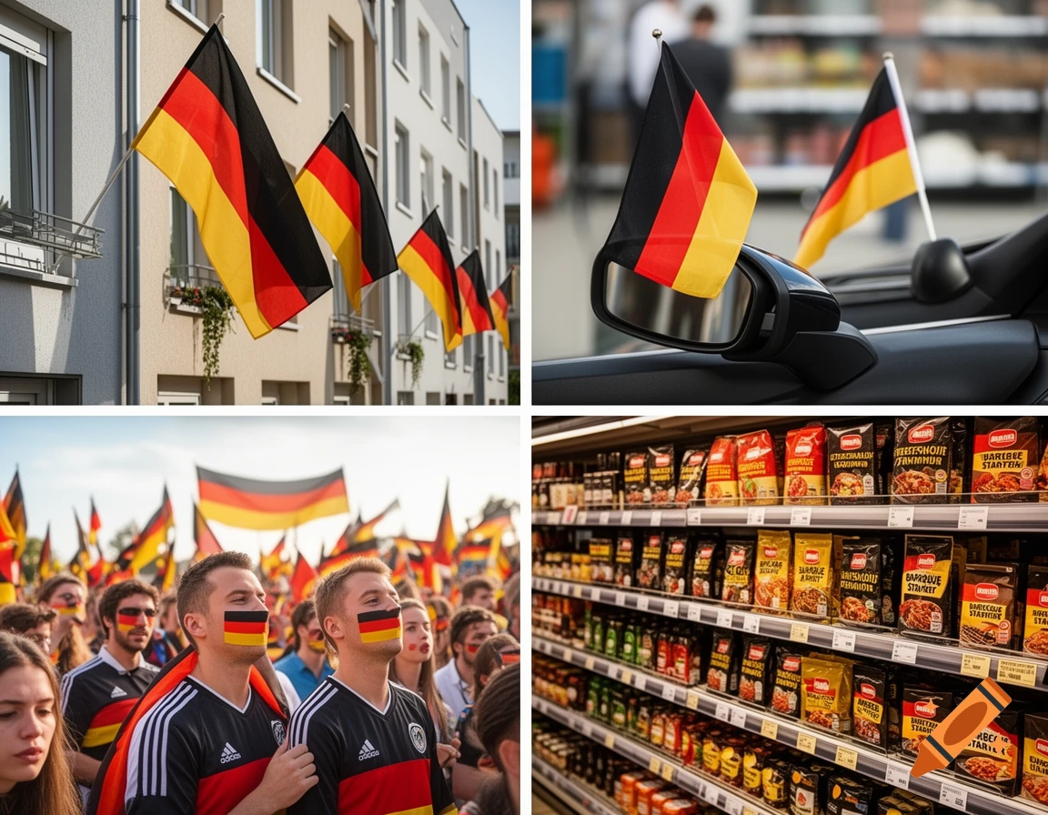 A four-panel image showing German flags hanging from buildings and a car, people with flags painted on their faces, and a supermarket aisle with products.