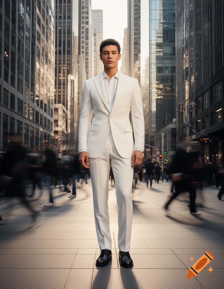 A man in a white suit stands on a city street with blurred pedestrians and tall buildings, photorealistic style.