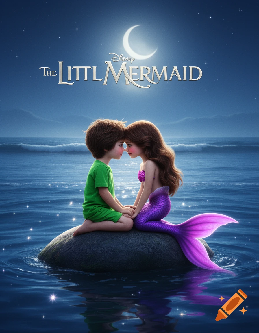A movie poster for 'The Little Mermaid' shows a boy and a mermaid with a purple tail touching foreheads on a rock in the ocean under a moon.