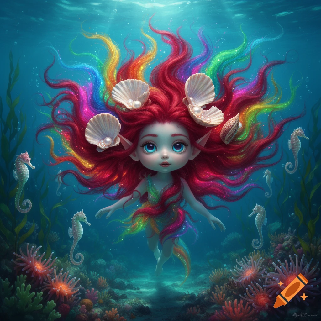 A whimsical, big-eyed mermaid with flowing rainbow-red hair, adorned with shells and pearls, swims among seahorses and coral in a vibrant underwater fantasy scene.
