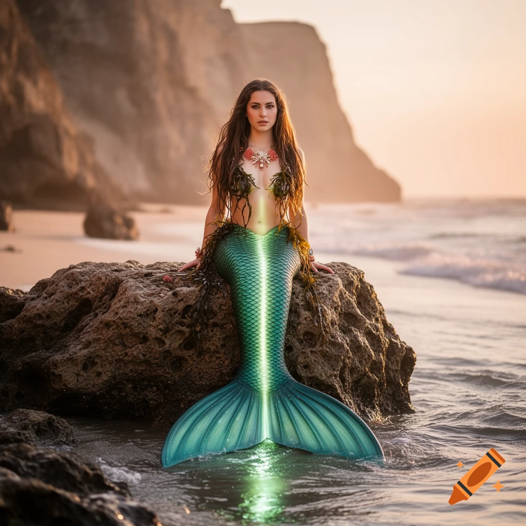 A mermaid with long brown hair and a green tail sits on a rock by the ocean at sunset.