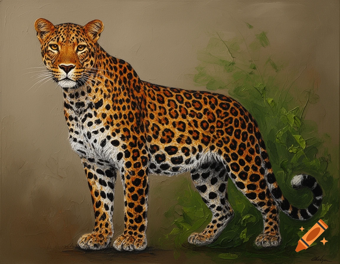 A majestic leopard stands against a textured, earthy green background, rendered in a painterly style.