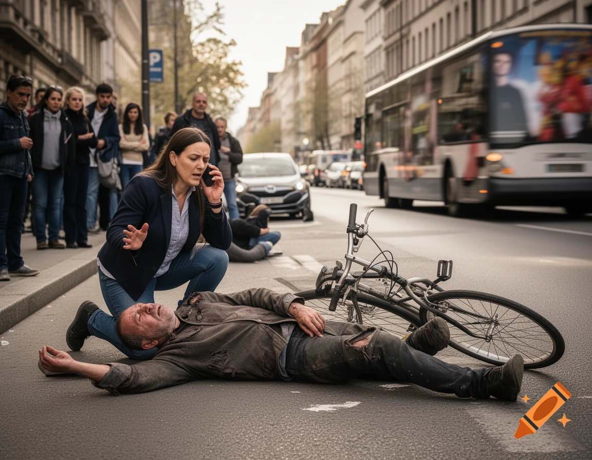 A woman kneels beside an injured man on the street after a bicycle accident, calling for help, with bystanders and a bus nearby.