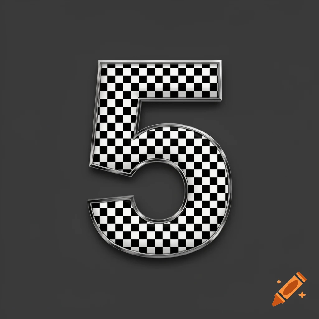A 3D rendered number 5 with a black and white checkerboard pattern inside and a silver metallic border on a dark gray background.