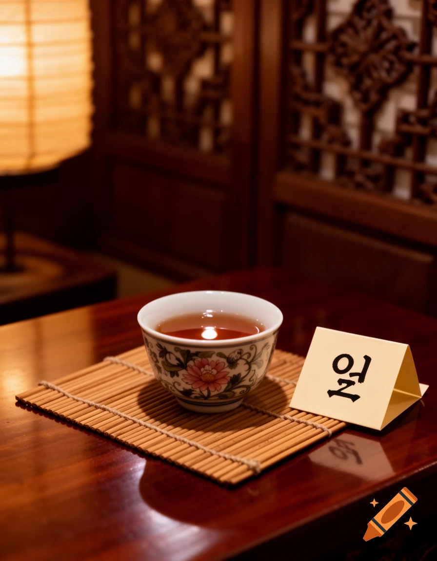 A close-up of a decorative teacup filled with tea, resting on a bamboo mat on a wooden table, with a traditional lantern in the blurred background. A small sign with Korean text " 일 " stands next to the cup.