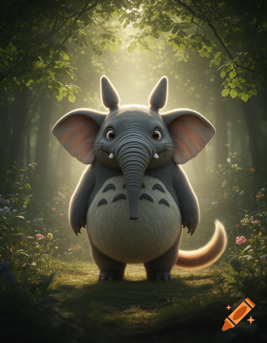 A cute, fuzzy grey elephant-Totoro hybrid creature stands in a magical, sun-dappled forest, looking forward.
