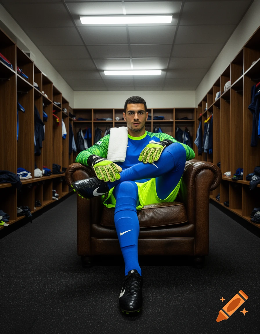 A soccer goalie in blue and neon green uniform sits in a brown armchair in a locker room, looking directly at the camera.
