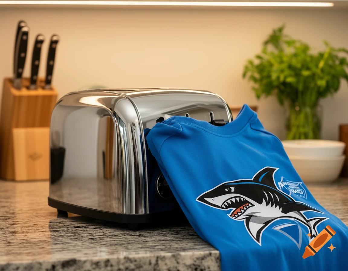 A blue Cronulla Sutherland Sharks shirt is draped over a chrome toaster on a granite kitchen countertop.