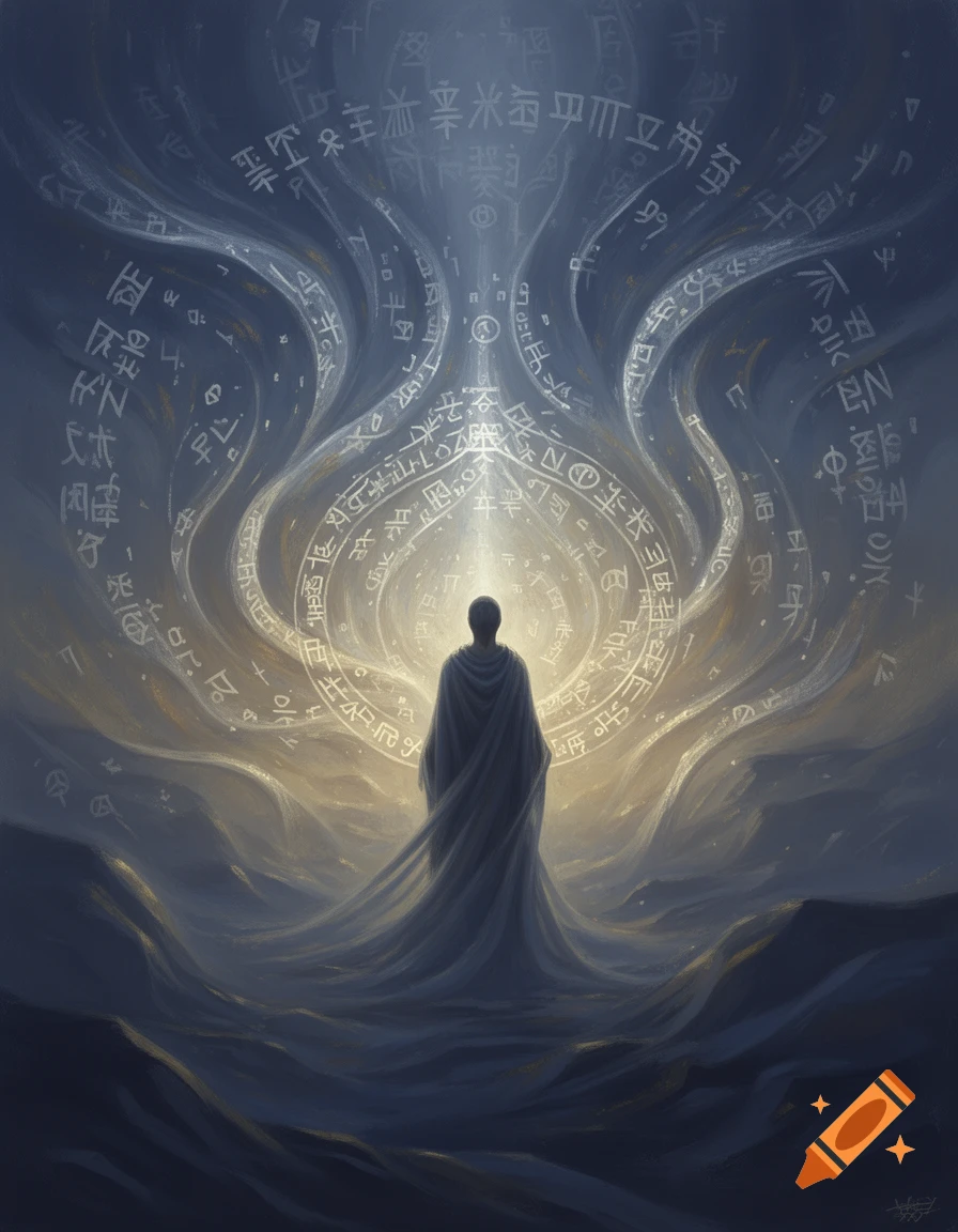 A robed figure stands facing away, enveloped in glowing light and swirling archaic symbols, amidst a dark, mysterious landscape.