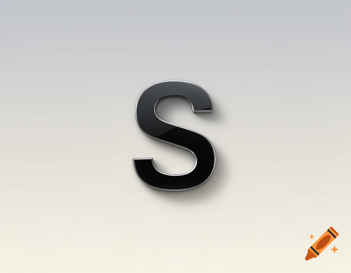 A glossy black capital letter S with silver trim on a light gray background.