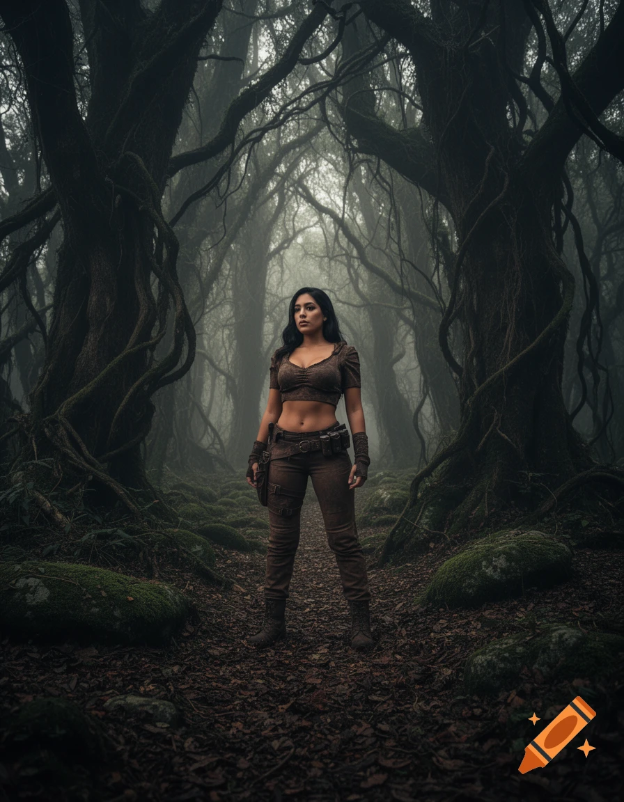 A Latina woman adventurer stands in a dark, mystical forest with gnarled trees and mossy ground, looking ahead.