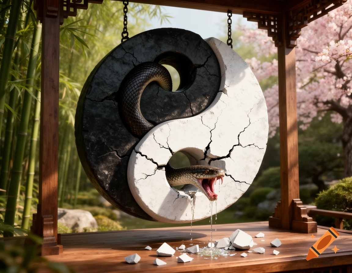 Photorealistic snake with fangs emerging from a cracked yin-yang symbol, dripping venom, in an Asian garden.