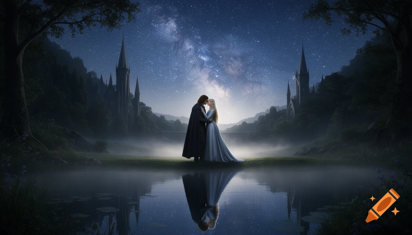 A man and woman embrace by a misty pond under a starry Milky Way sky, with fantasy castles and forests in the background.