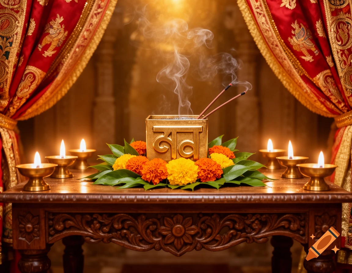 A spiritual altar with a golden box inscribed 'Om Namah', burning incense, lit oil lamps, and marigold flowers on a carved wooden table, framed by red curtains.