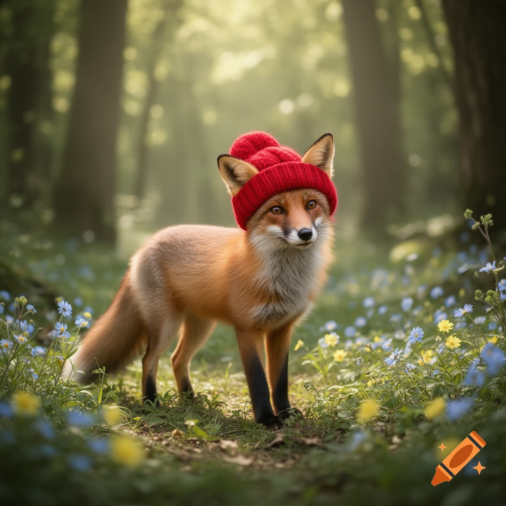 A cute fox with a red knitted hat stands in a sunlit forest clearing with blue and yellow wildflowers.