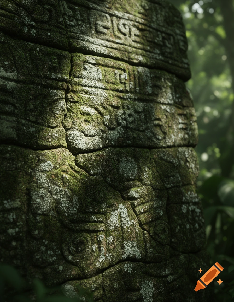 Close-up of moss-covered ancient stone carvings in a jungle, dappled with sunlight.