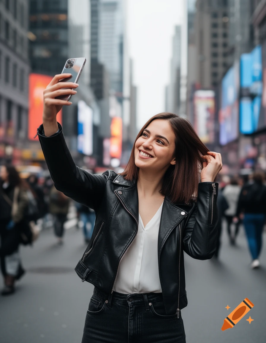 A young woman in a black leather jacket and jeans smiles happily while taking a selfie with her phone in a busy city street with tall buildings and blurred billboards.