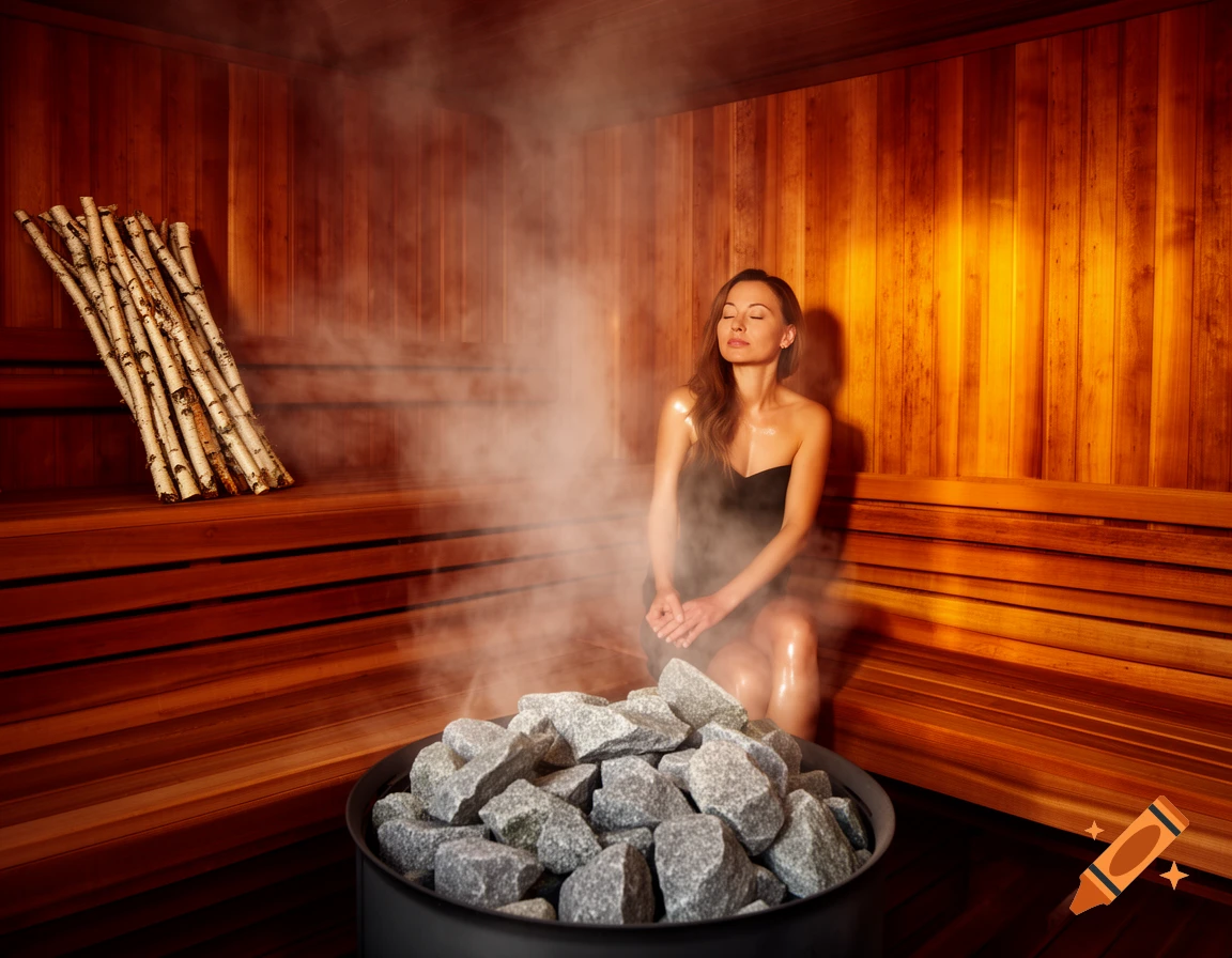 A woman relaxes on a wooden bench in a warm, steamy Finnish sauna with hot stones and birch branches.