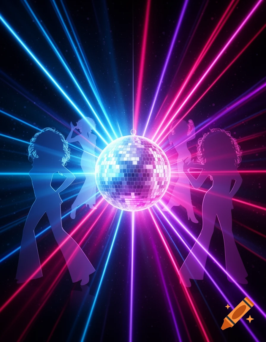 Silhouettes of dancers surround a sparkling disco ball with vibrant blue, pink, and purple laser lights on a dark background.