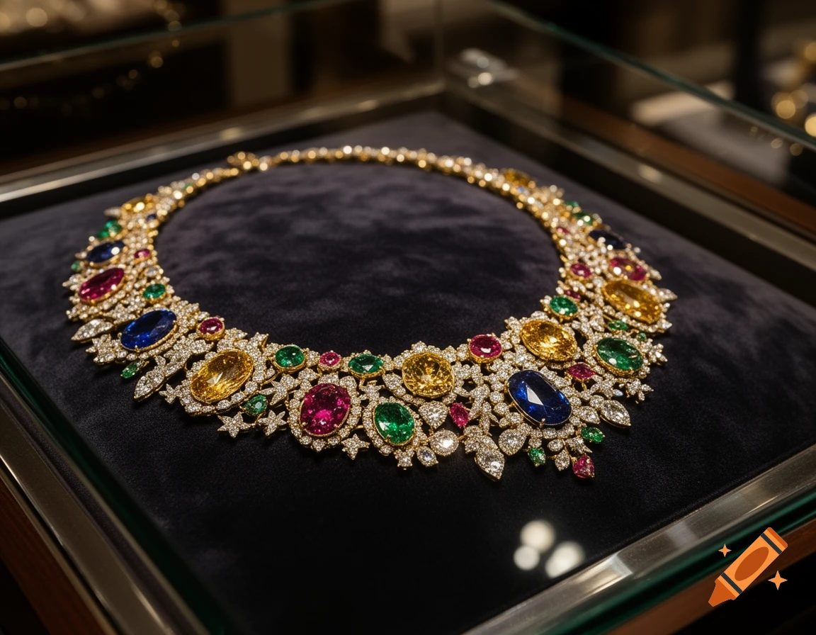 A close-up of a fancy gold necklace with numerous colorful gems, diamonds, rubies, emeralds, and sapphires, displayed on dark velvet in a luxury jewelry store.