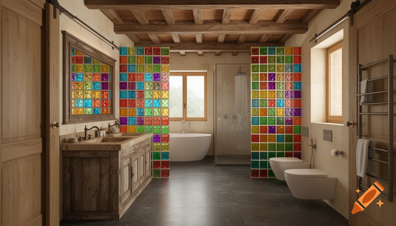 Rustic bathroom with double-sink vanity, freestanding tub, and shower, featuring vibrant colored glass-brick walls and wood beams.
