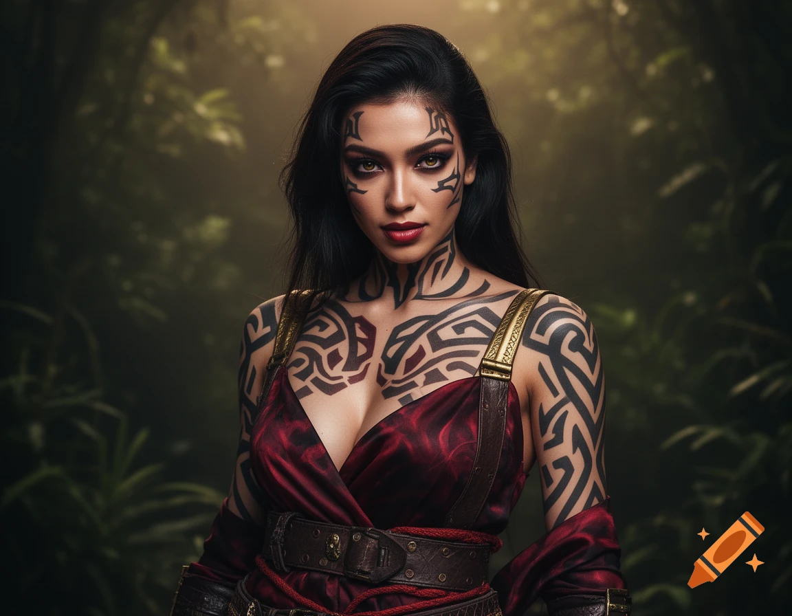 A dark-haired woman with intricate black tribal tattoos on her face, neck, and arms, wearing a red and brown warrior-style dress, against a lush, blurred green jungle background.