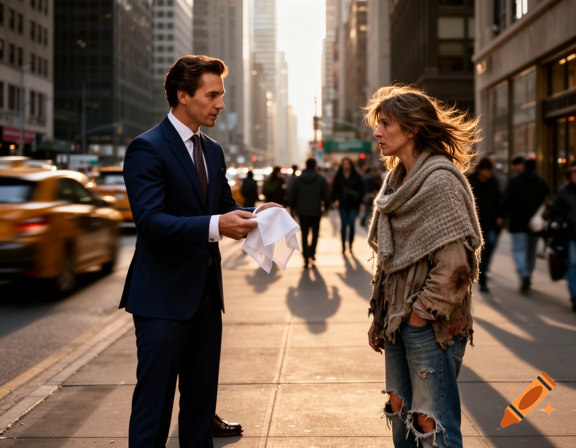 A well-dressed man offers a white cloth to a disheveled woman on a busy, sunlit city street with blurred taxis and buildings.