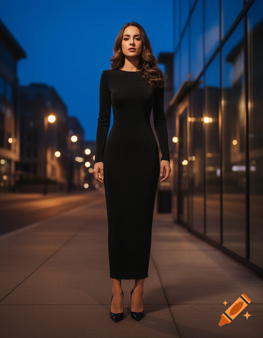 Photorealistic image of a woman in a long black dress and high heels standing on a city street at night.
