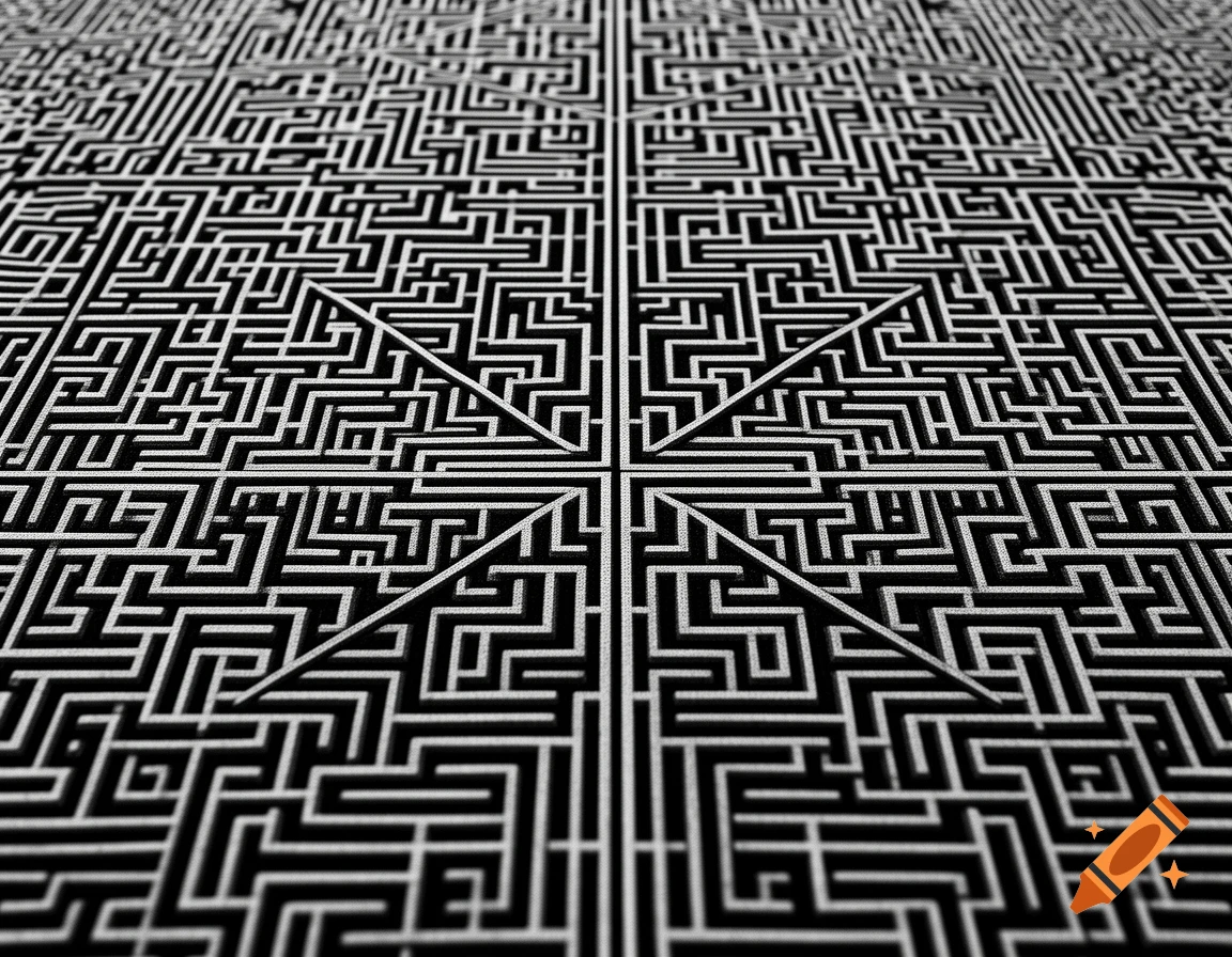 An intricate black and white maze pattern with white lines on a dark background, extending into the distance.