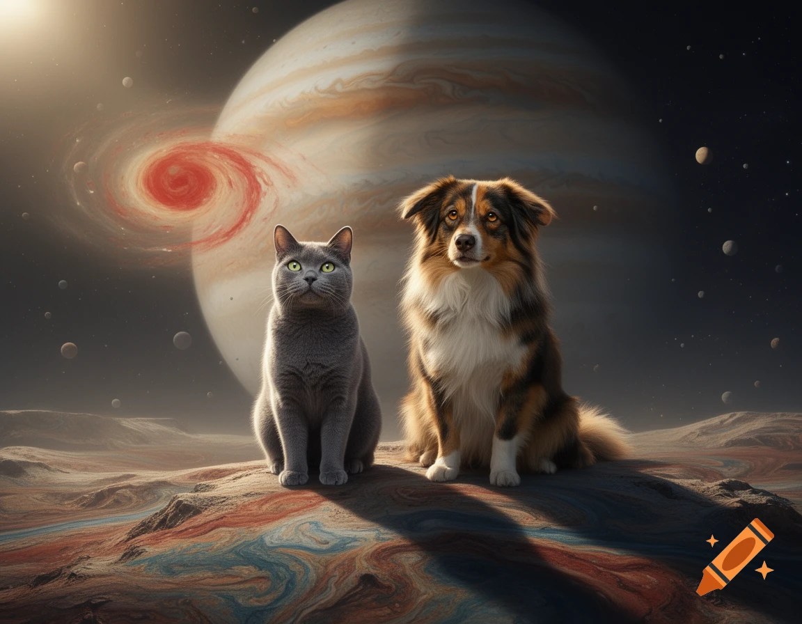 A grey cat and a tri-color dog sit on a colorful alien planet surface with a large gas giant and a red swirling nebula in the dark, star-filled sky.
