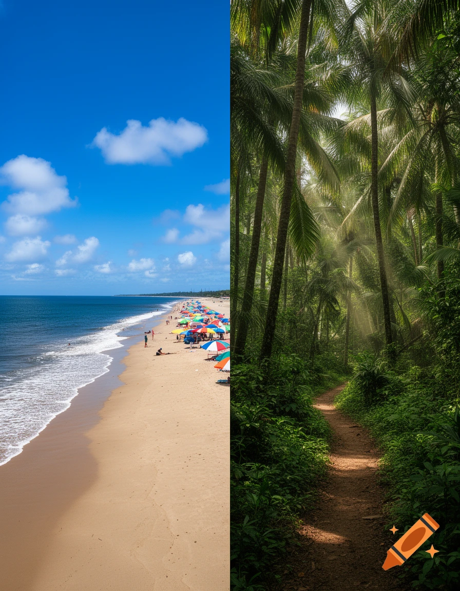 A split image showing a sunny beach with colorful umbrellas on the left and a lush jungle path with palm trees and sunlight on the right.