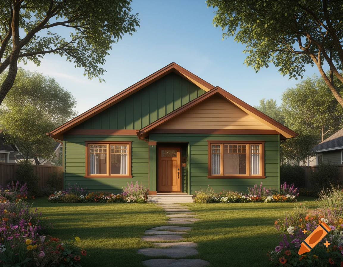 A charming green house with a brown roof and tan trim, surrounded by a lush lawn and colorful flower beds under a clear blue sky.