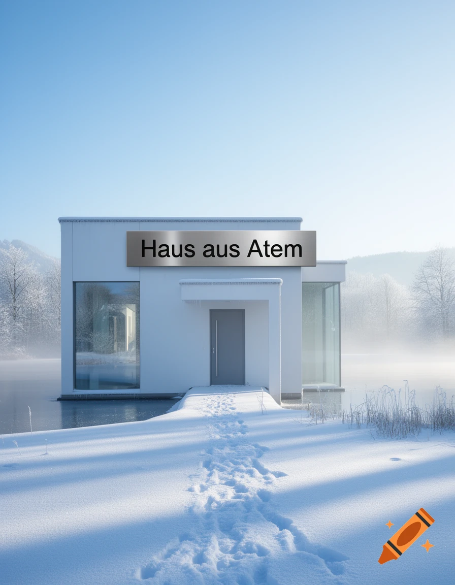 A minimalist white house with large windows sits on a frozen lake, surrounded by snow and mist in a winter landscape, with footprints leading to its front door under a clear blue sky.
