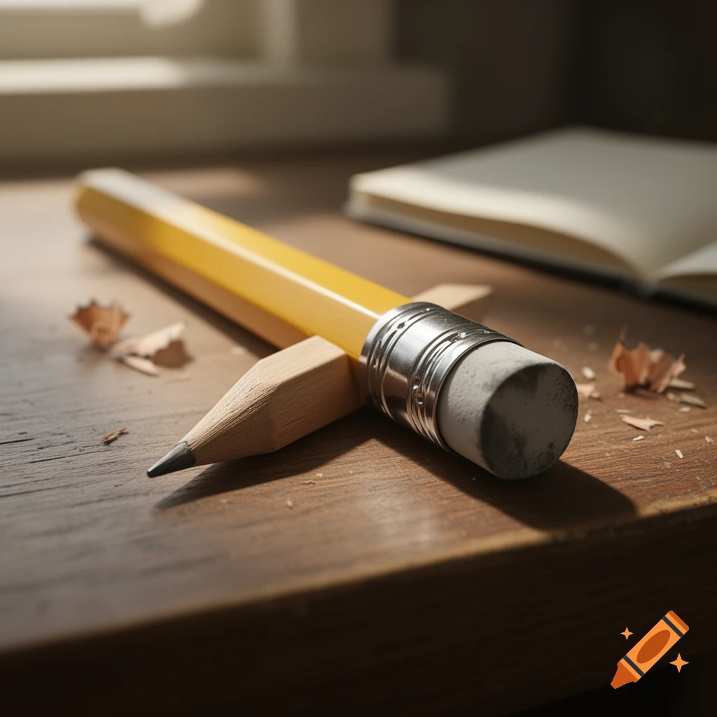A sharpened yellow pencil with a silver ferrule and white eraser, lying on a wooden desk with wood shavings and a blurred open notebook in the background.