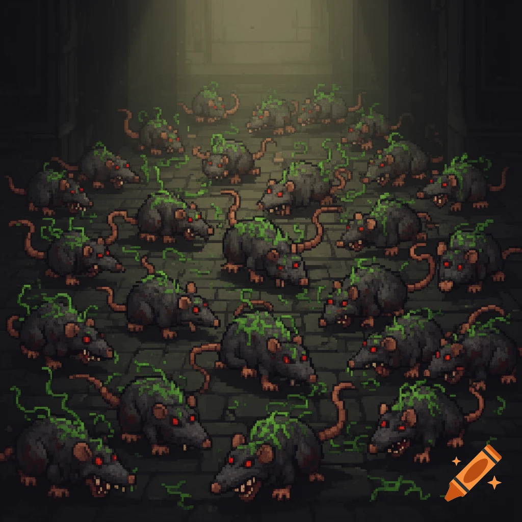 A horde of green-infested rats with glowing red eyes in a dark pixel art dungeon.