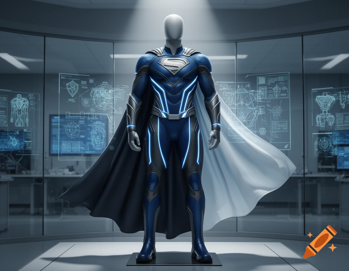 A futuristic blue and silver superhero suit with glowing lines on a mannequin in a high-tech lab with holographic schematics.