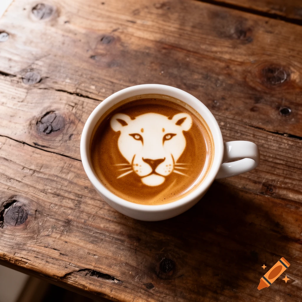 A white coffee cup with a detailed lioness face rendered in latte art sits on a rustic wooden table, viewed from above.