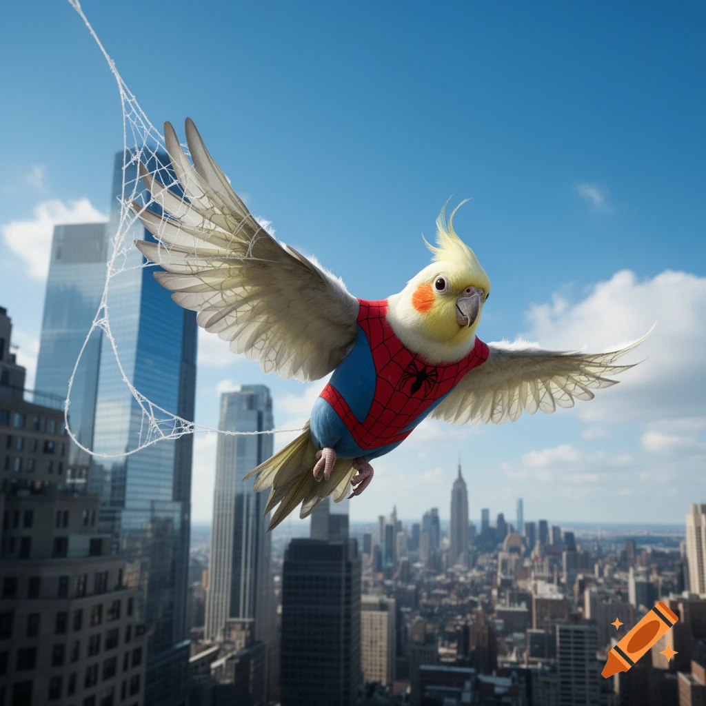 A cockatiel in a Spider-Man costume flying high above a cityscape, with a web attached to its wing.