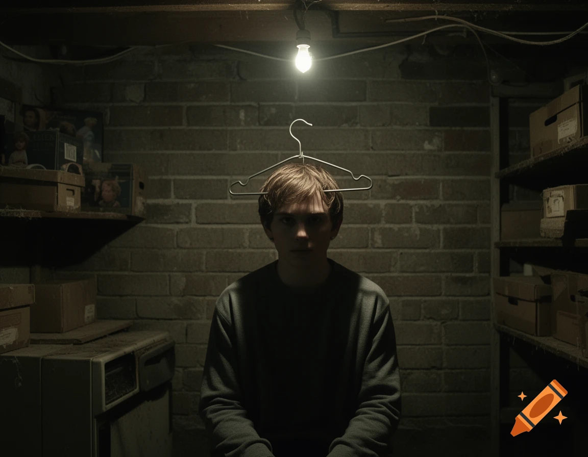 A young man with a coat hanger on his head sits in a dimly lit, dark brick basement with shelves of boxes.