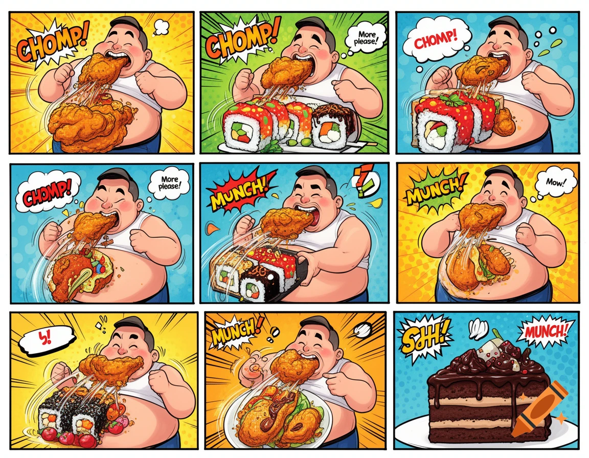 A nine-panel comic showing a man eating fried chicken and sushi, growing fatter, concluding with a slice of chocolate cake.