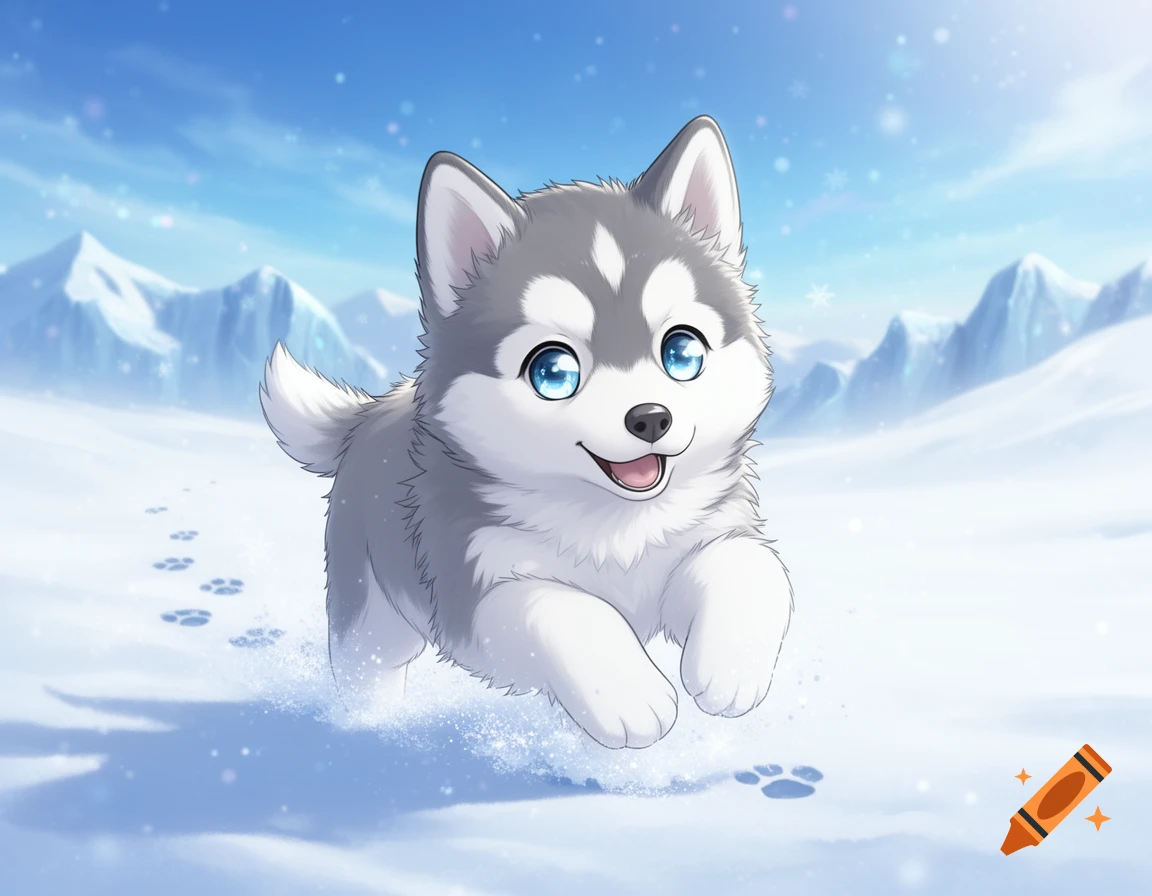 A fluffy anime husky puppy with huge icy blue eyes joyfully running through a snowy winter landscape with mountains in the background.