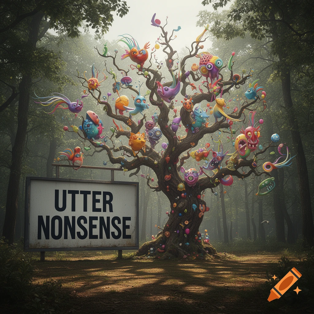 Whimsical alien creatures populate a tree in a misty forest, with a sign saying 'UTTER NONSENSE'.
