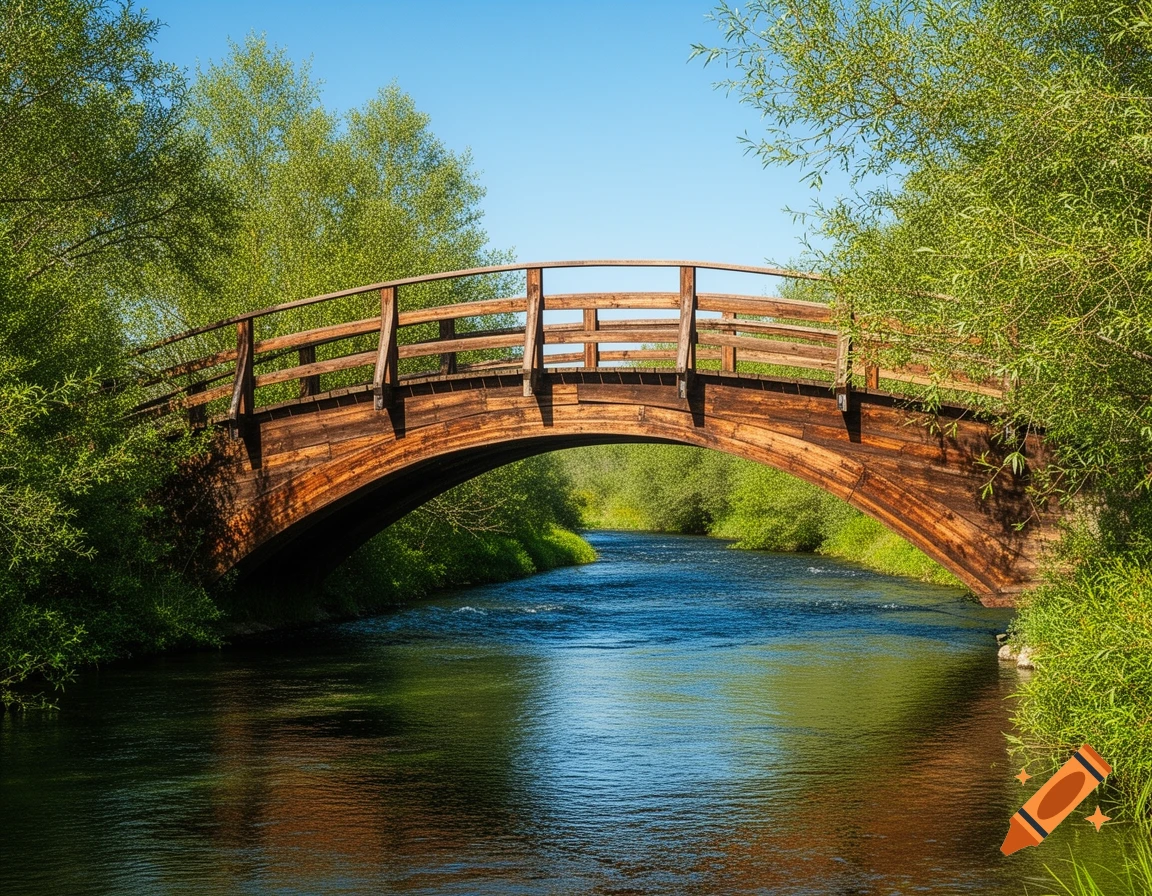 A wooden arched bridge spans a calm river, surrounded by vibrant green trees under a clear blue sky.