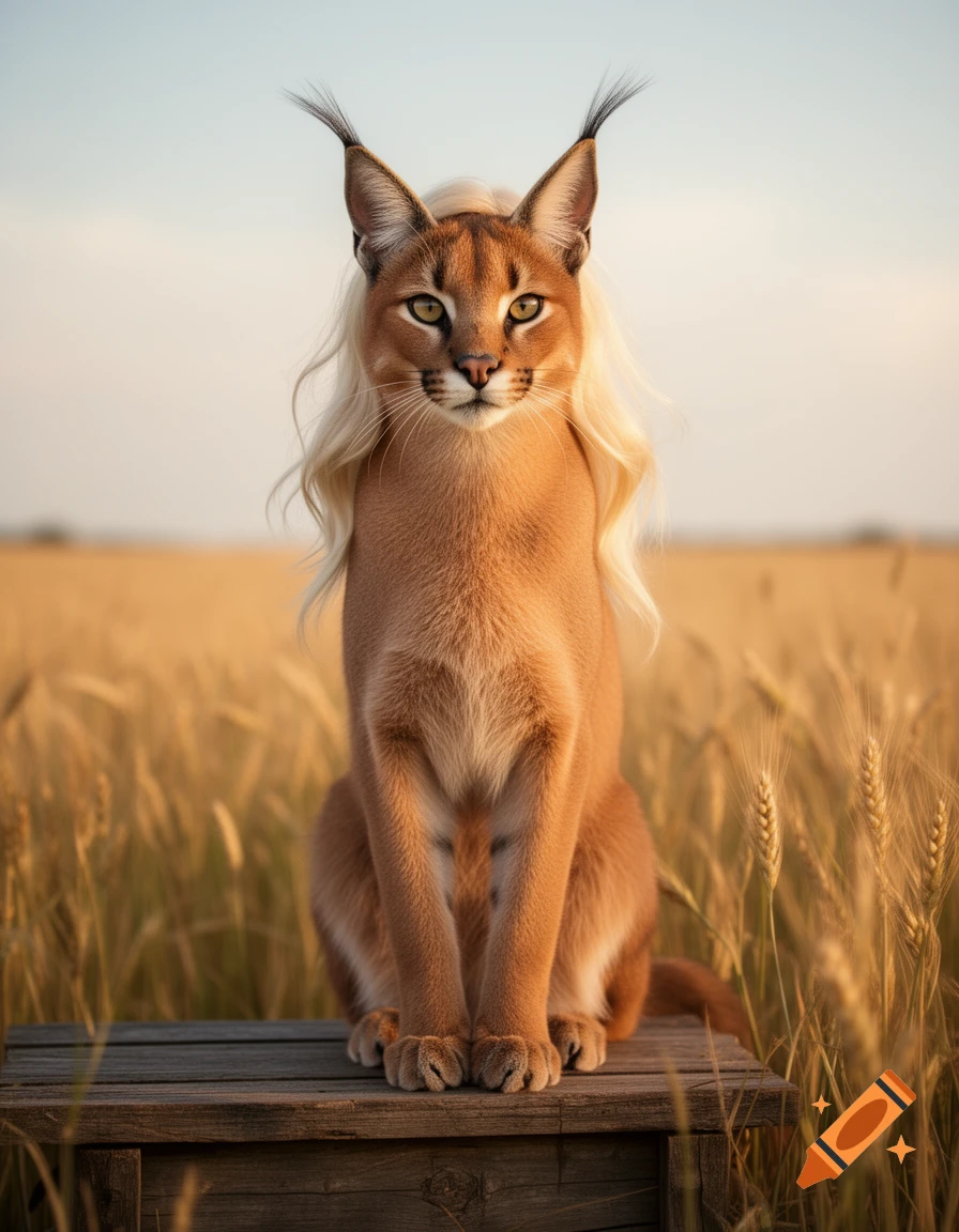 A caracal with long blonde hair sits on a wooden box in a golden wheat field at sunset, looking directly forward.