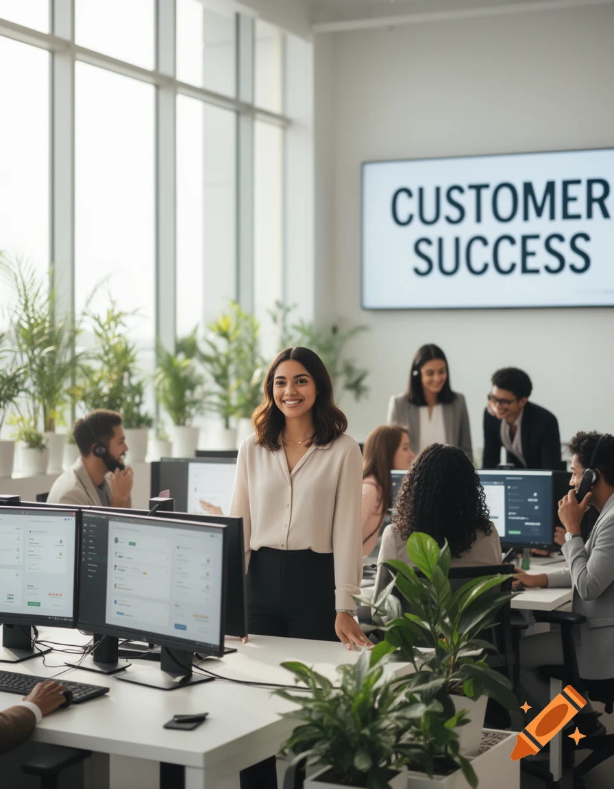 Diverse team in a bright, modern open-plan office with computers. A woman smiles at the camera. Screen shows "CUSTOMER SUCCESS".