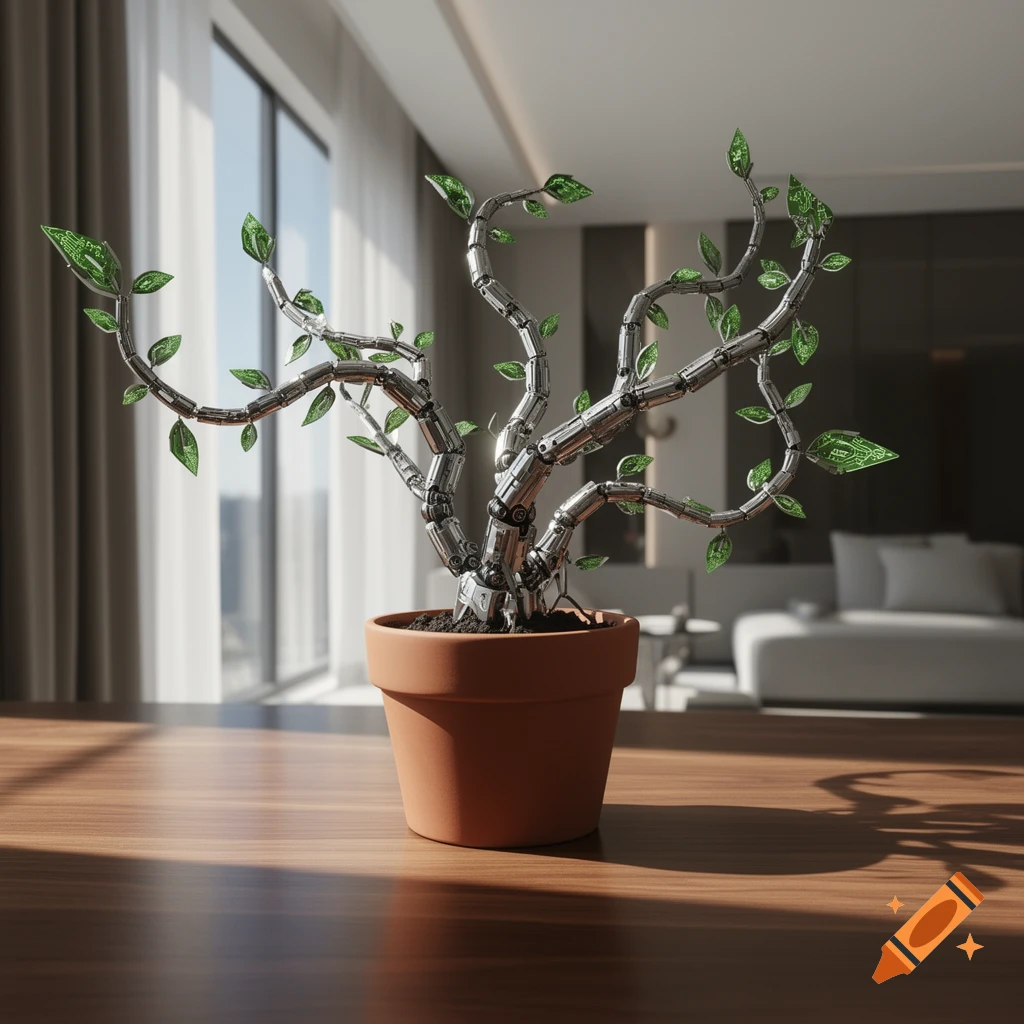 A photorealistic render of a robot plant with metallic branches and circuit board leaves in a pot on a table in a modern room.