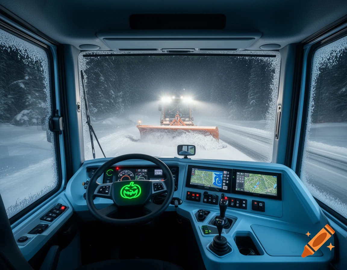 View from inside a modern snowplow cockpit with a green glowing pumpkin on the steering wheel, looking out at another snowplow clearing a snowy road at night.
