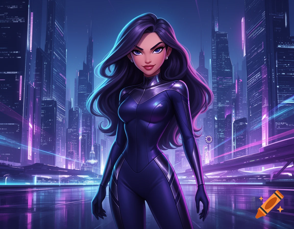 Stylized woman with dark hair in a purple and silver suit stands in a futuristic city illuminated by neon lights at night.