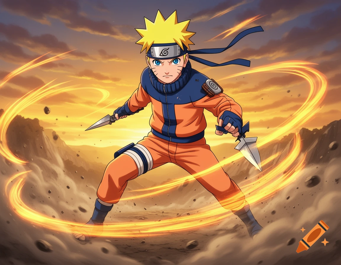 Anime style Naruto in an action pose, holding kunai knives, against a dramatic sunset sky with swirling energy.