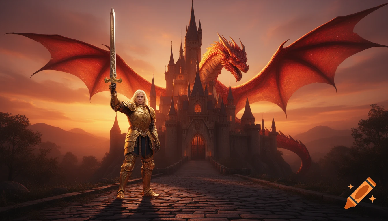 A blonde knight in golden armor holds a sword aloft before a grand castle with a red dragon and a sunset sky.